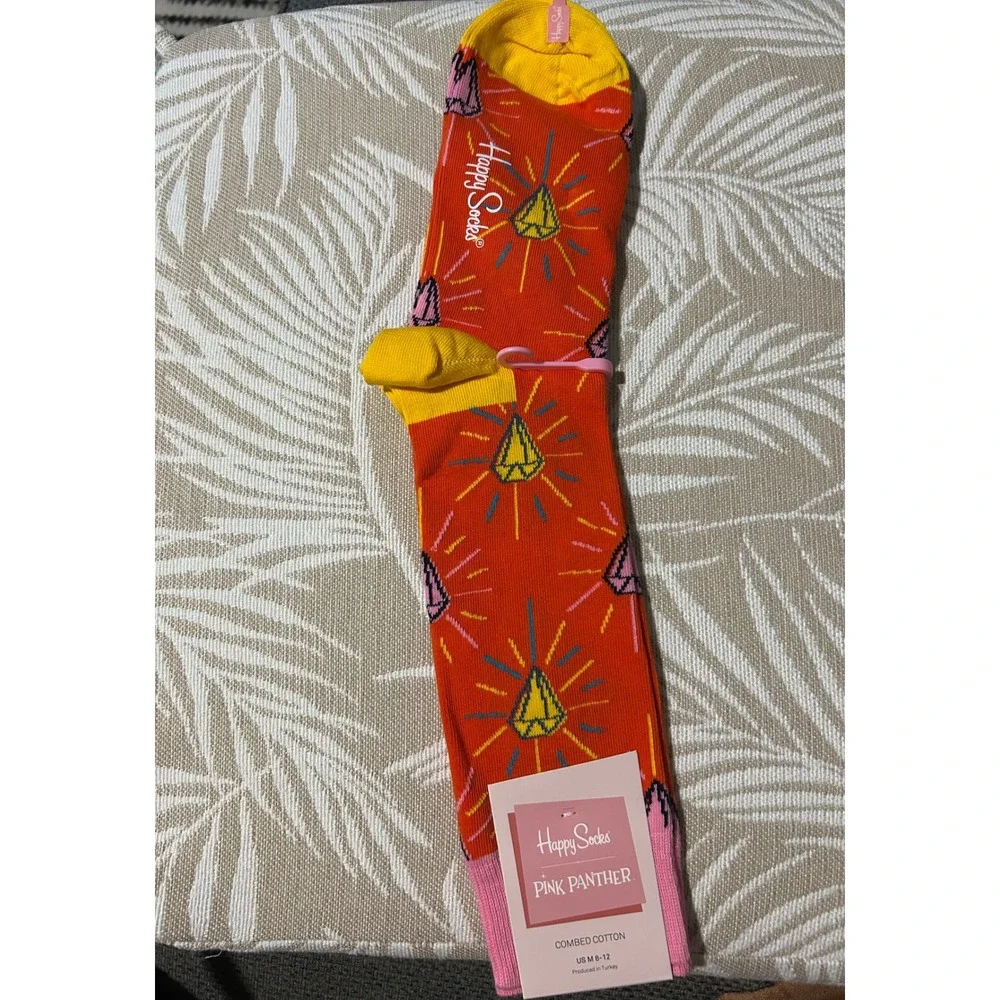 Happy Socks Mens Pink Panther Diamond Combed Cotton 8-12‎ Orange Pink Yellow New